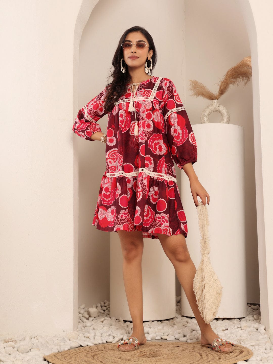 The Kurti Collection Women Maroon And Peach Floral Printed Lace Detail Tiered Dress