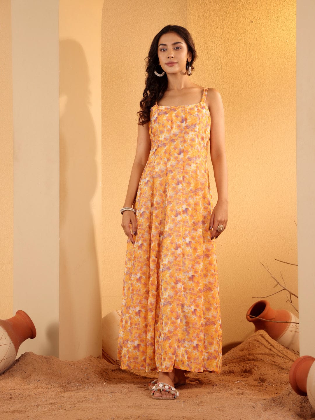 The Kurti Collection Women Yellow Georgette Printed Strap Style Anarkali Kurta With Dupatta