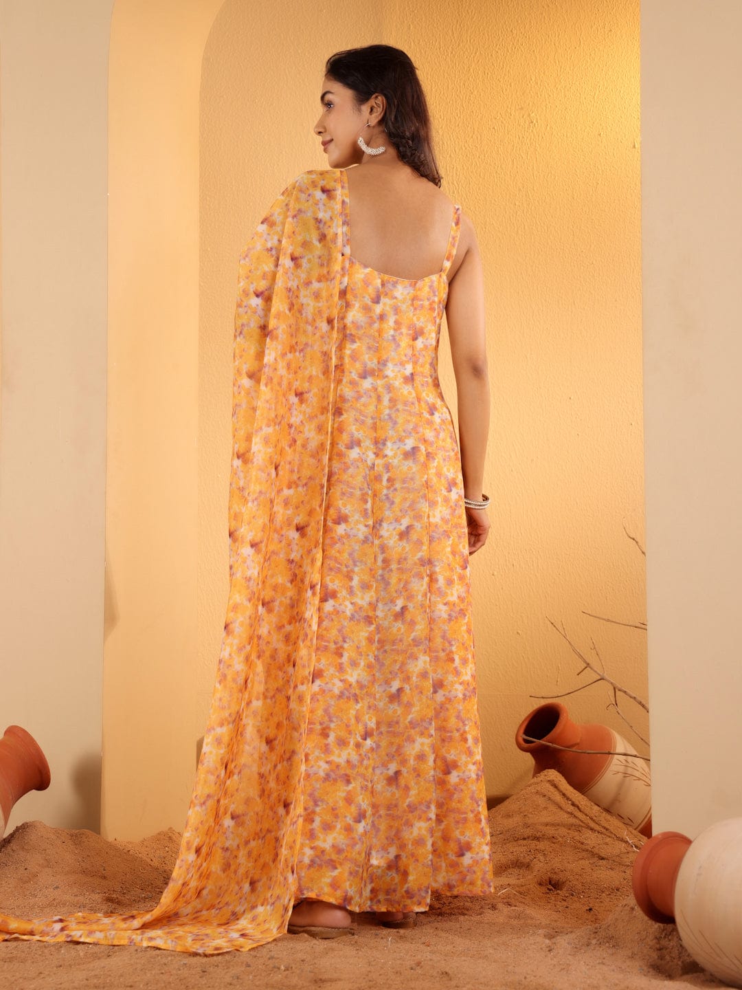 The Kurti Collection Women Yellow Georgette Printed Strap Style Anarkali Kurta With Dupatta