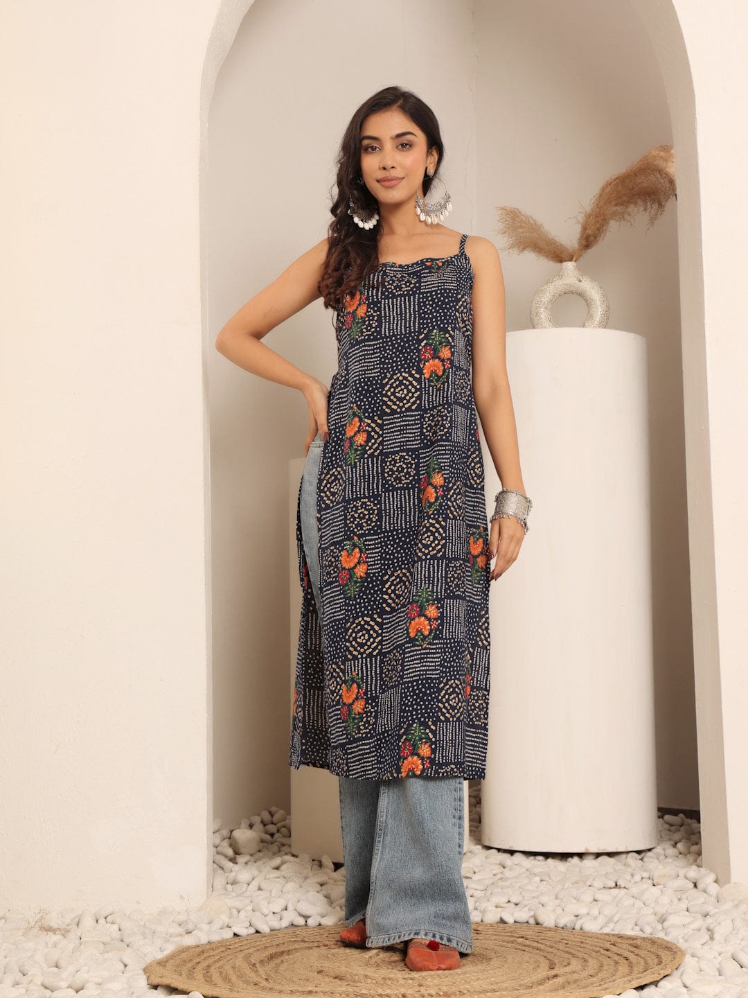 The Kurti Collection Women Navy Blue Bandhani Printed Round Neck Strap Style Kurta