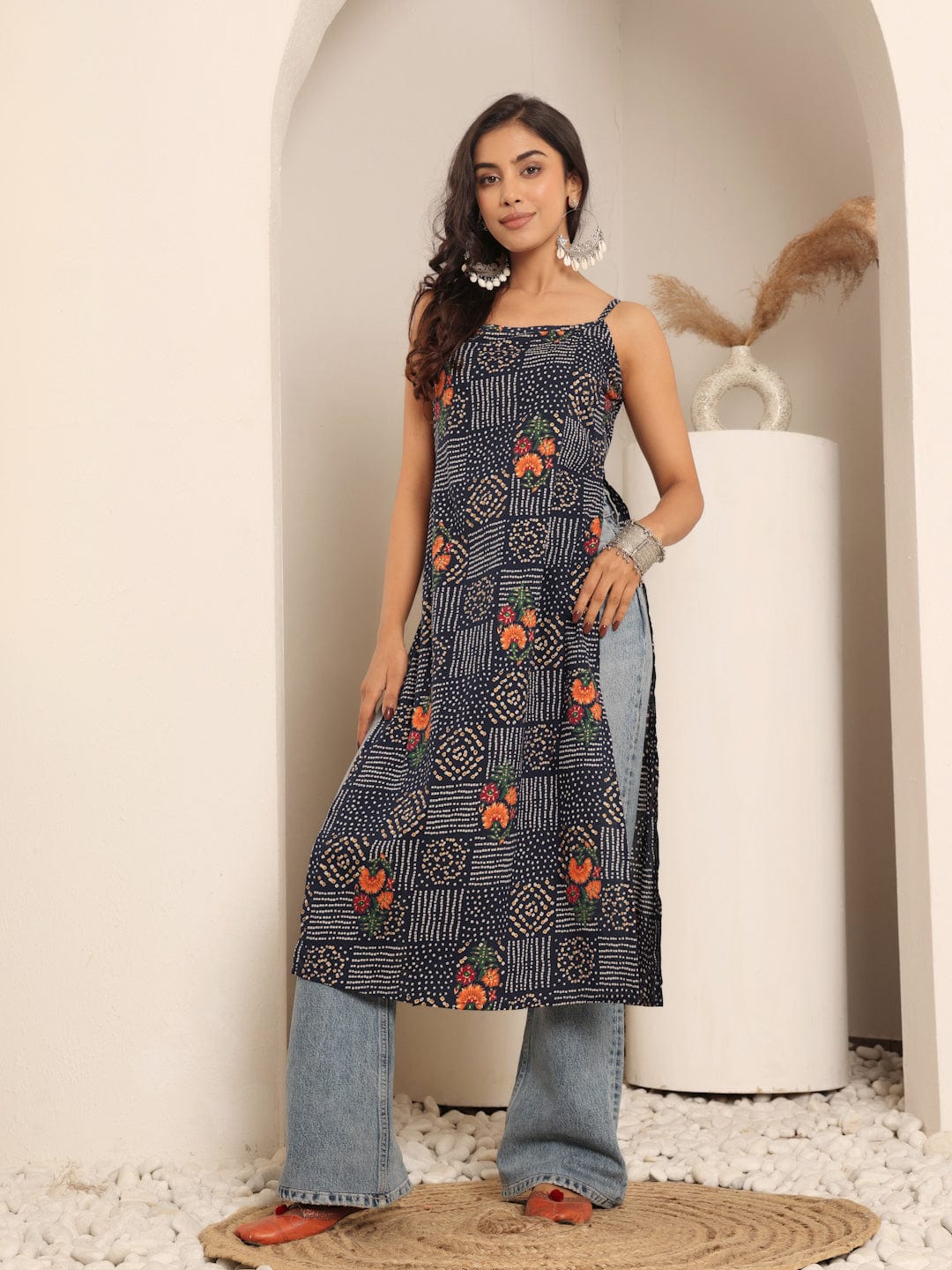 The Kurti Collection Women Navy Blue Bandhani Printed Round Neck Strap Style Kurta