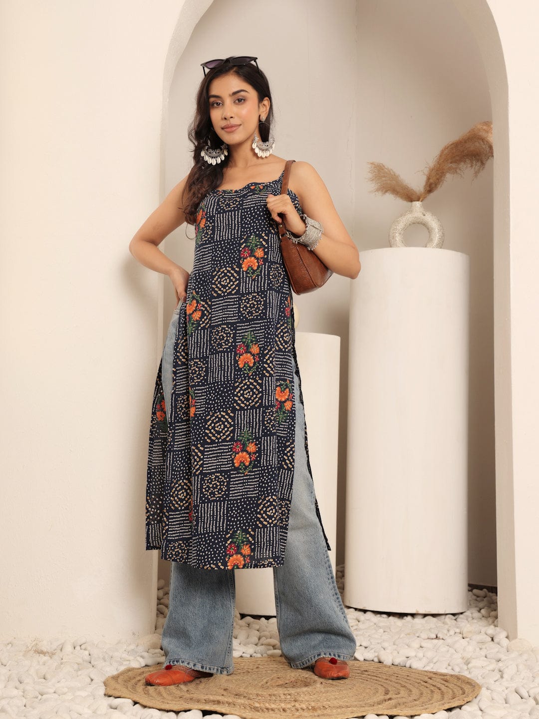 The Kurti Collection Women Navy Blue Bandhani Printed Round Neck Strap Style Kurta