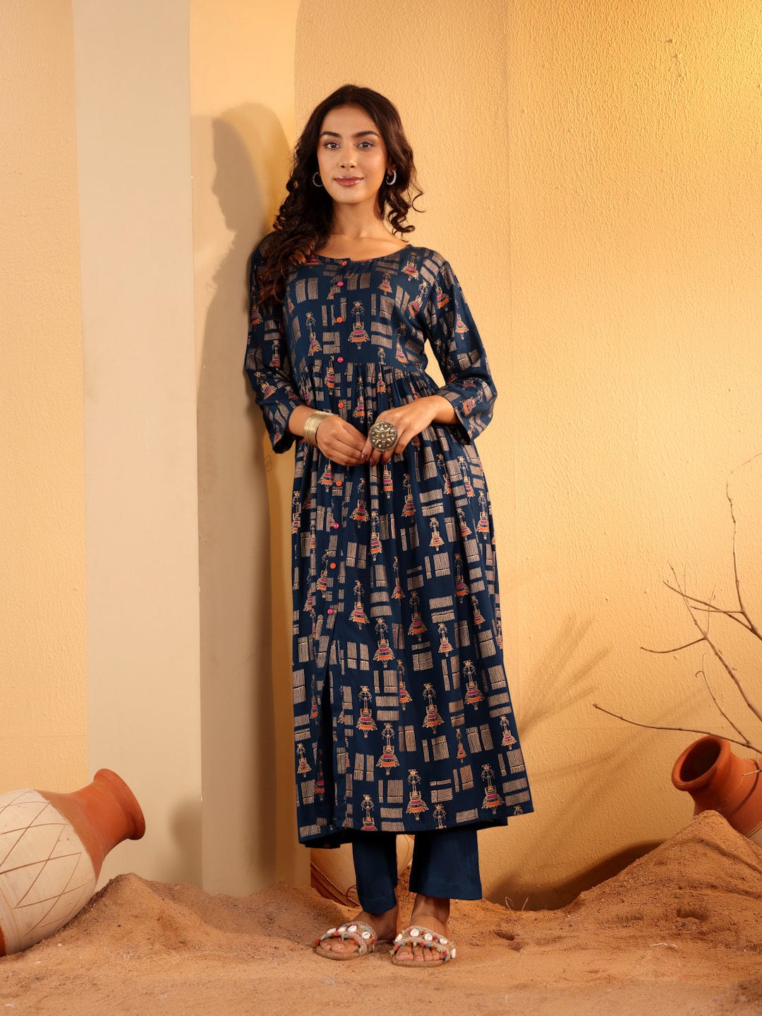 The Kurti Collection Women Navy Blue Foil Printed A-Line Dress With Round Neck