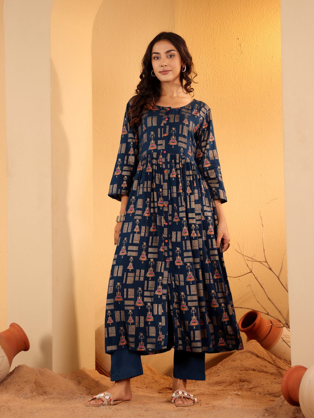 The Kurti Collection Women Navy Blue Foil Printed A-Line Dress With Round Neck