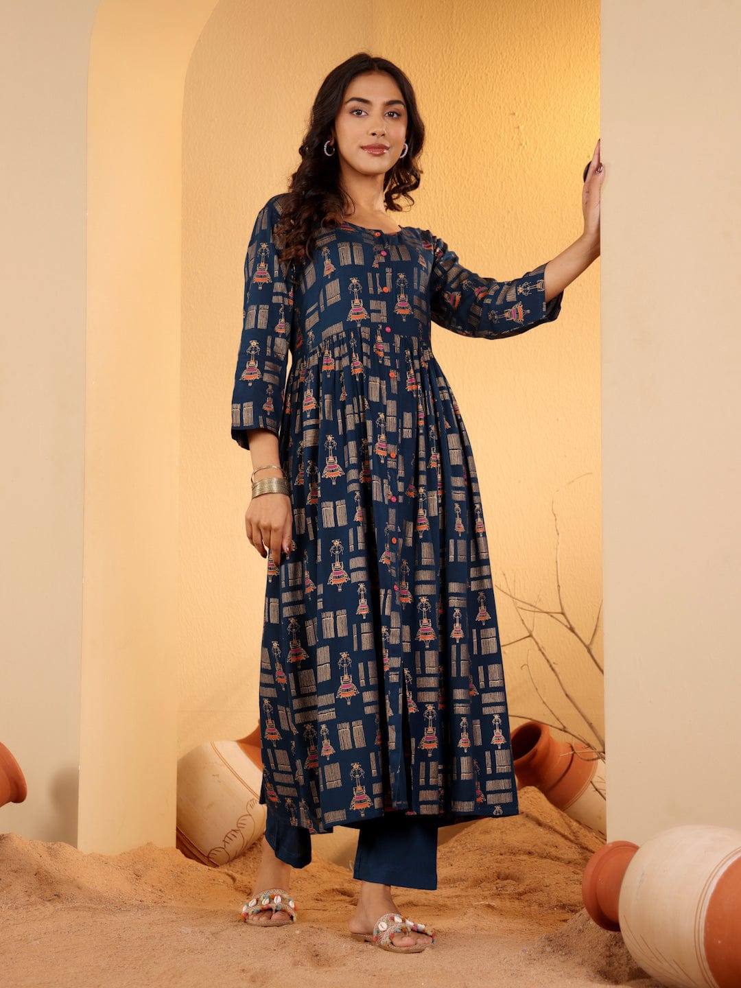 The Kurti Collection Women Navy Blue Foil Printed A-Line Dress With Round Neck