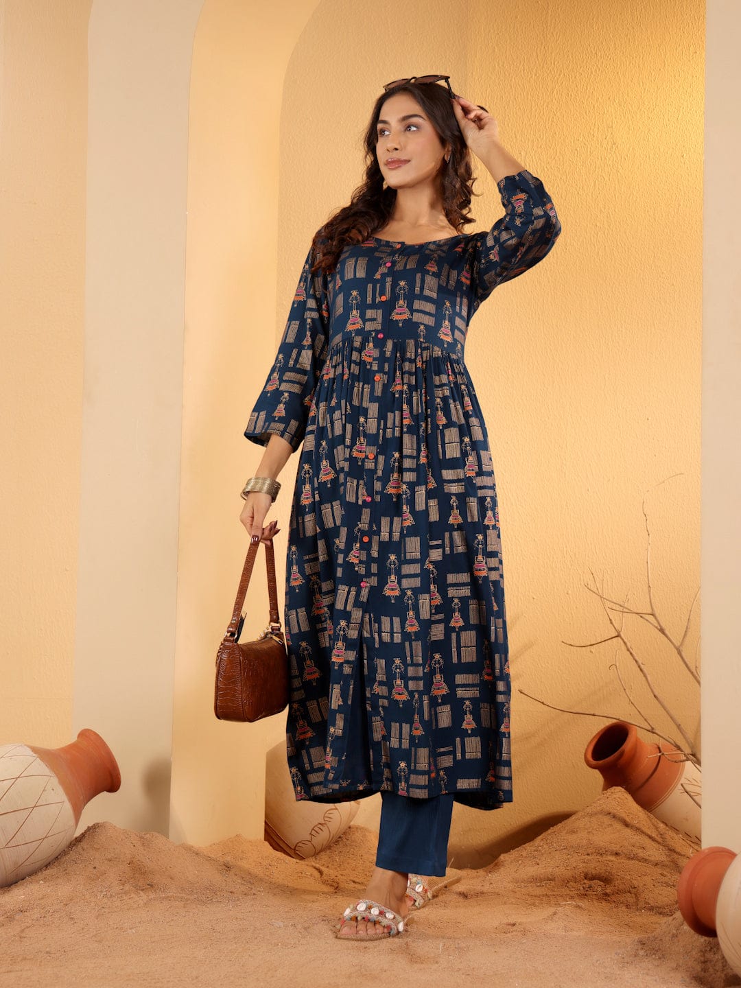 The Kurti Collection Women Navy Blue Foil Printed A-Line Dress With Round Neck