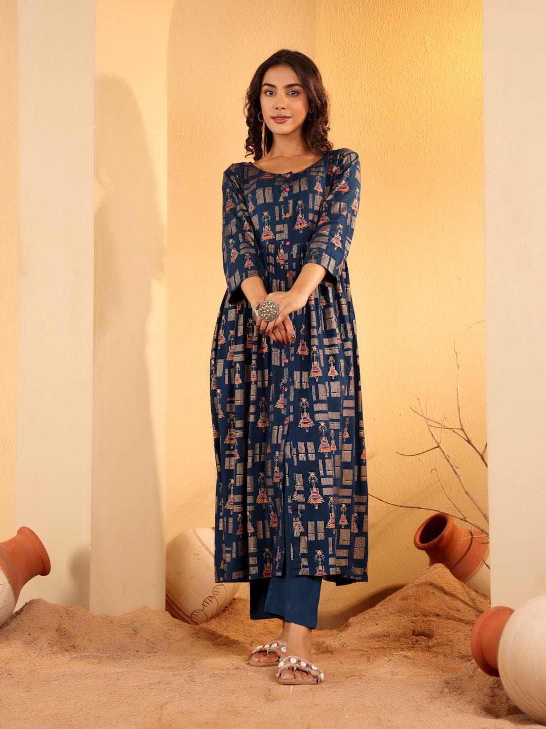The Kurti Collection Women Navy Blue Foil Printed A-Line Dress With Round Neck