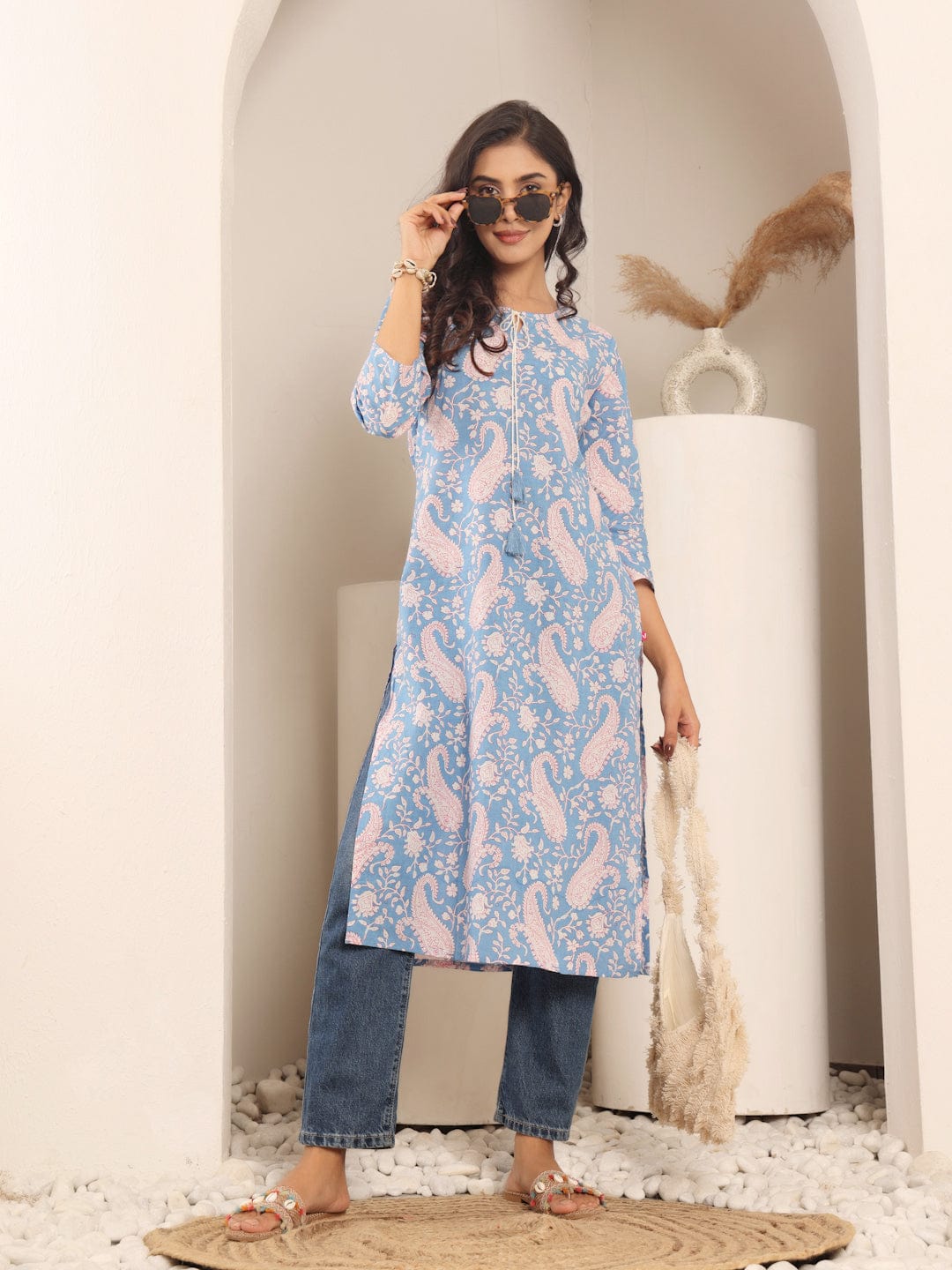The Kurti Collection Women Blue Paisely Printed Round Neck With Drawstring Details Straight Kurta With Side Slit.