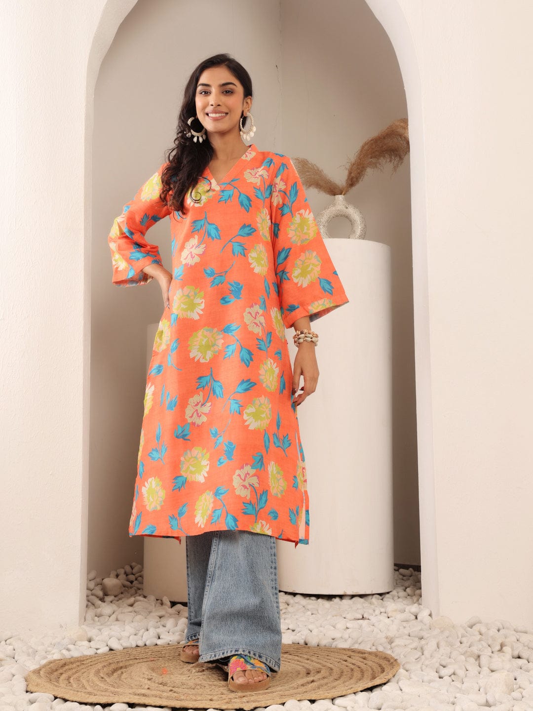 The Kurti Collection Women Orange Floral Printed V-Neck A-Line Kurta With Side Slits