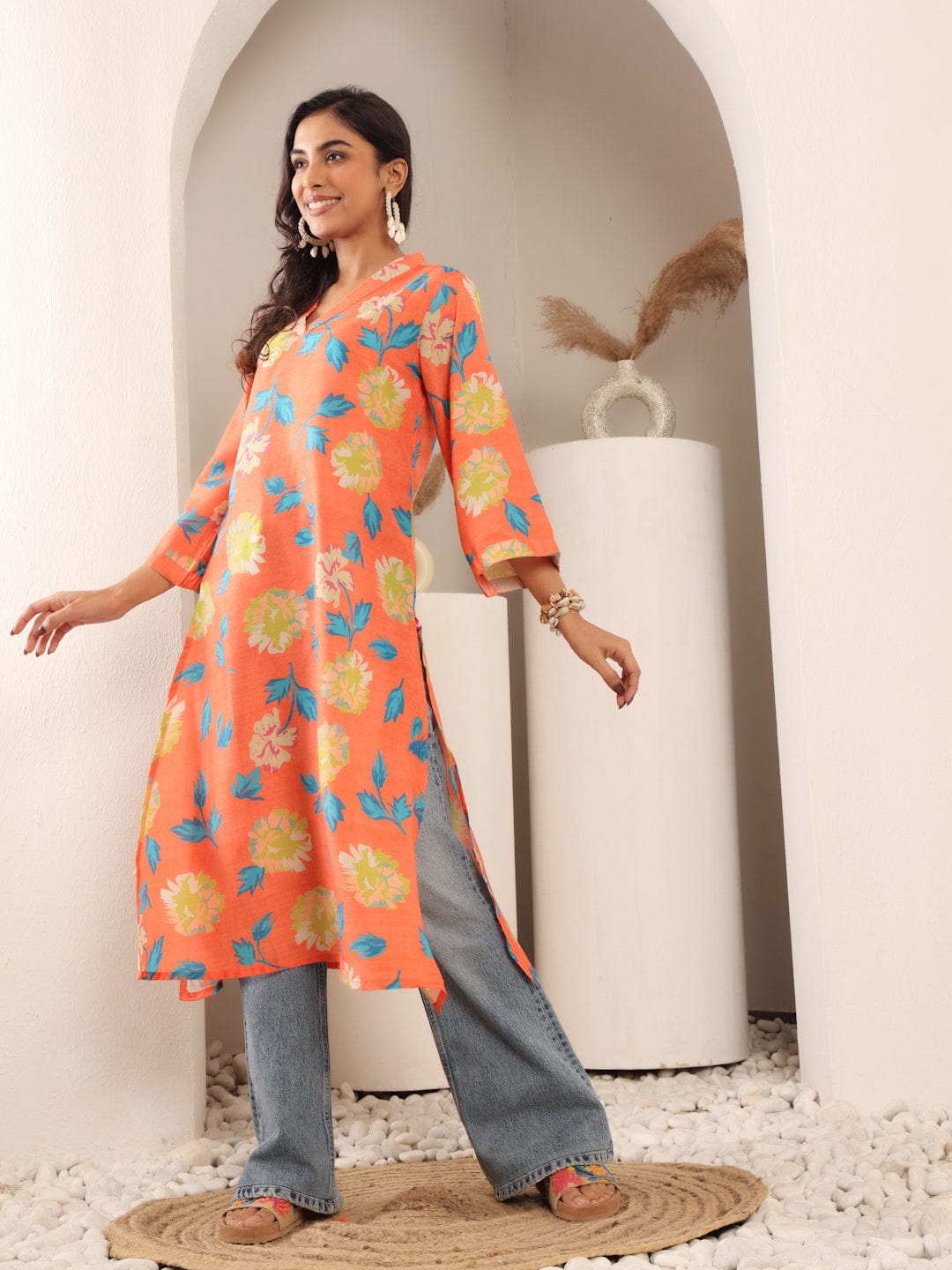 The Kurti Collection Women Orange Floral Printed V-Neck A-Line Kurta With Side Slits