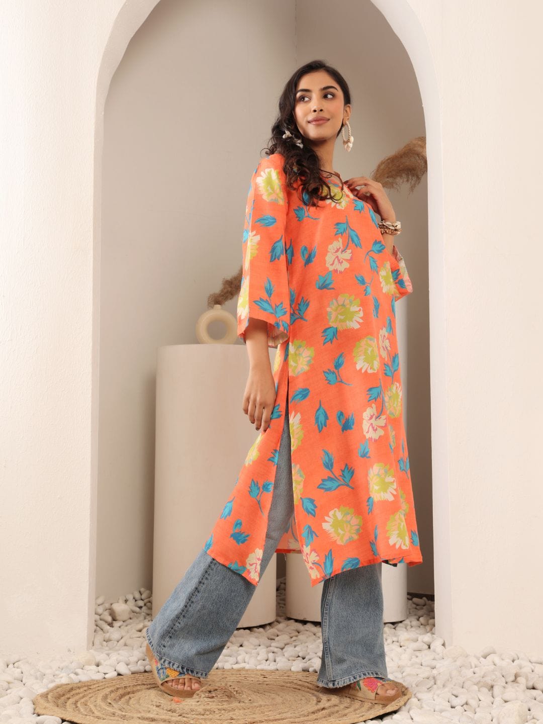 The Kurti Collection Women Orange Floral Printed V-Neck A-Line Kurta With Side Slits