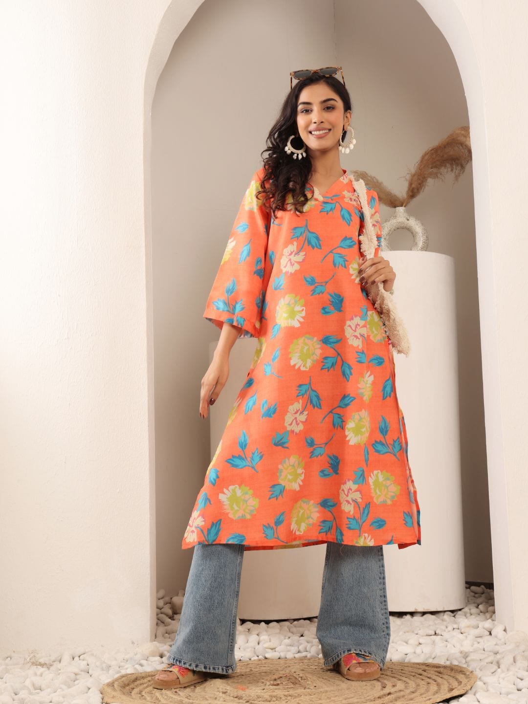The Kurti Collection Women Orange Floral Printed V-Neck A-Line Kurta With Side Slits