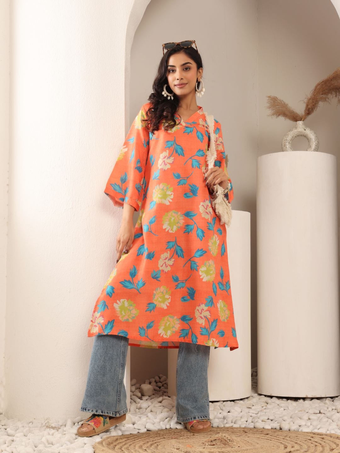The Kurti Collection Women Orange Floral Printed V-Neck A-Line Kurta With Side Slits