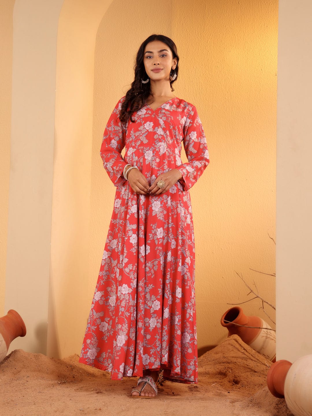 The Kurti Collection Women Red Floral Printed Angrakha Style Anarkali Kurta Paired With Chiffon Solid Dupatta