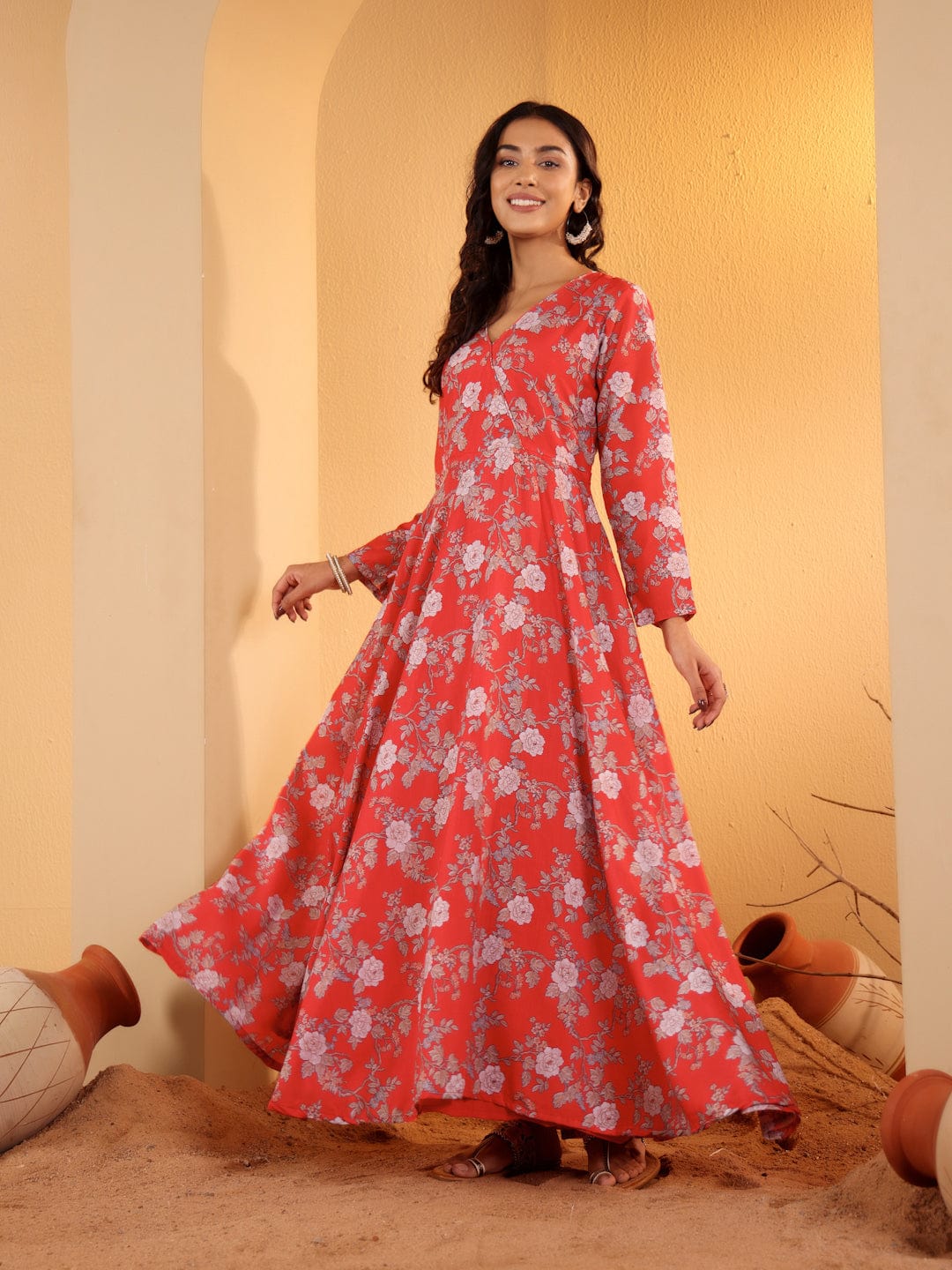 The Kurti Collection Women Red Floral Printed Angrakha Style Anarkali Kurta Paired With Chiffon Solid Dupatta