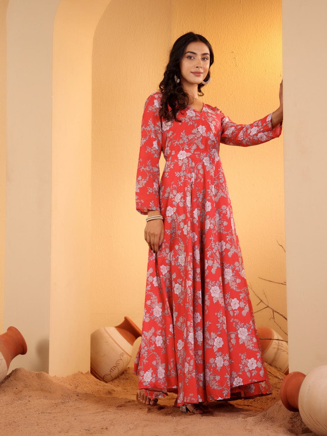 The Kurti Collection Women Red Floral Printed Angrakha Style Anarkali Kurta Paired With Chiffon Solid Dupatta