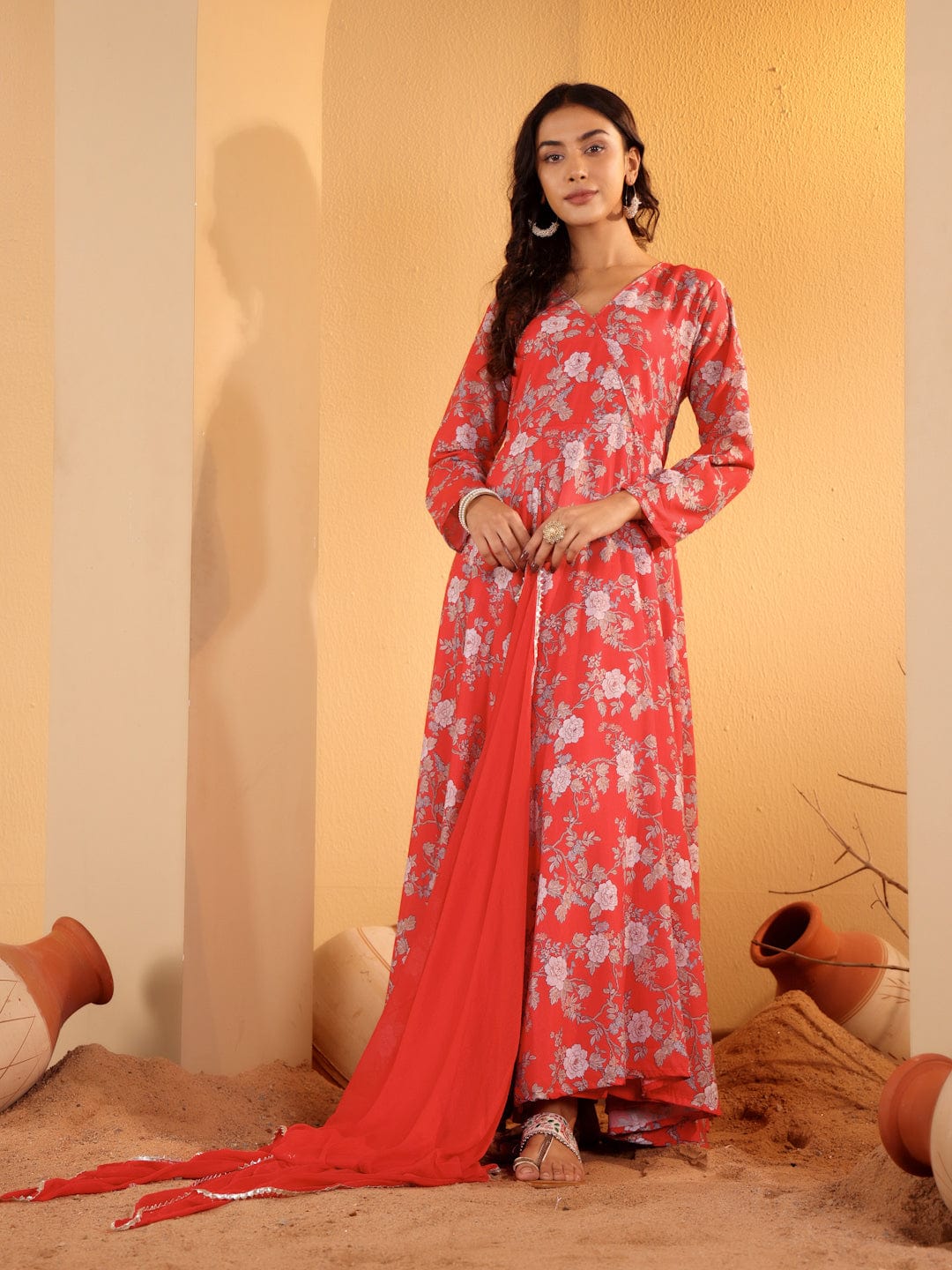 The Kurti Collection Women Red Floral Printed Angrakha Style Anarkali Kurta Paired With Chiffon Solid Dupatta