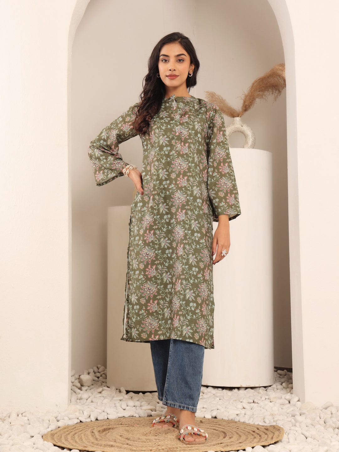 The Kurti Collection Women Olive Floral Printed Mandarin Collar Kurta With Long Flared Sleeves And Side Slits