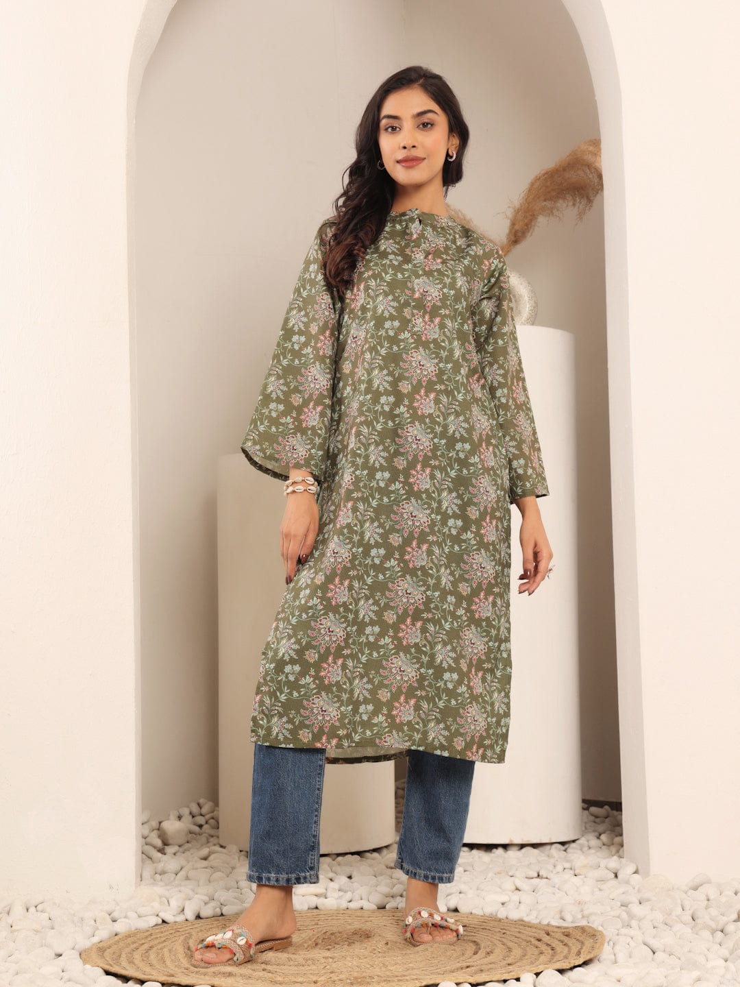 The Kurti Collection Women Olive Floral Printed Mandarin Collar Kurta With Long Flared Sleeves And Side Slits