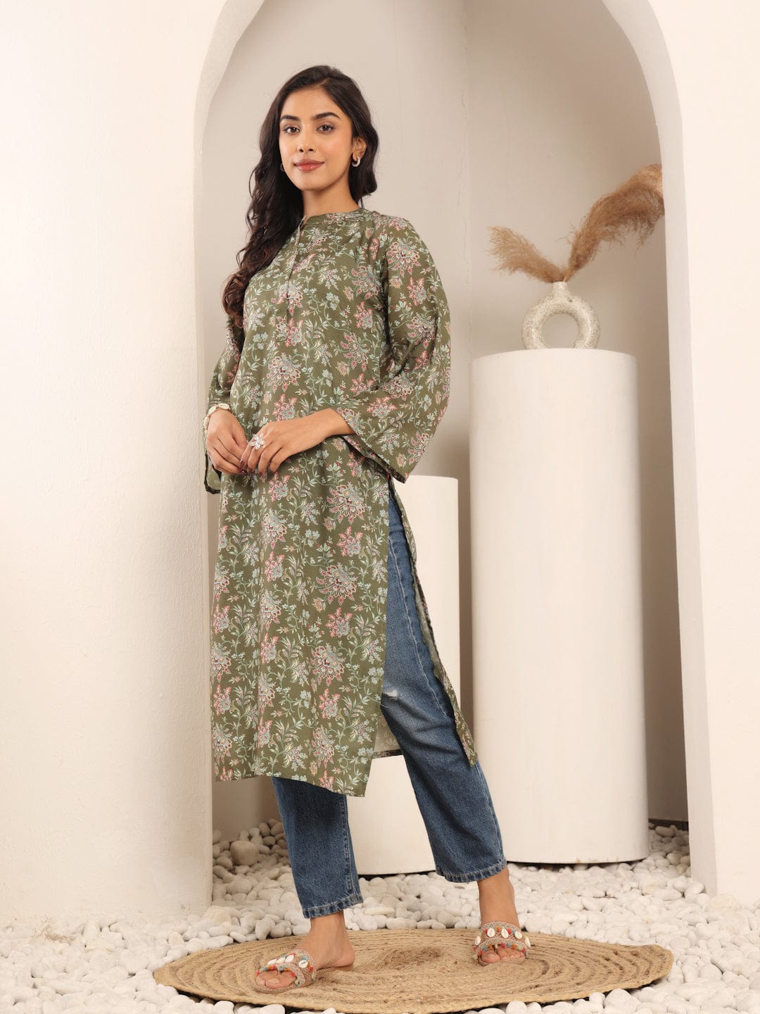 The Kurti Collection Women Olive Floral Printed Mandarin Collar Kurta With Long Flared Sleeves And Side Slits