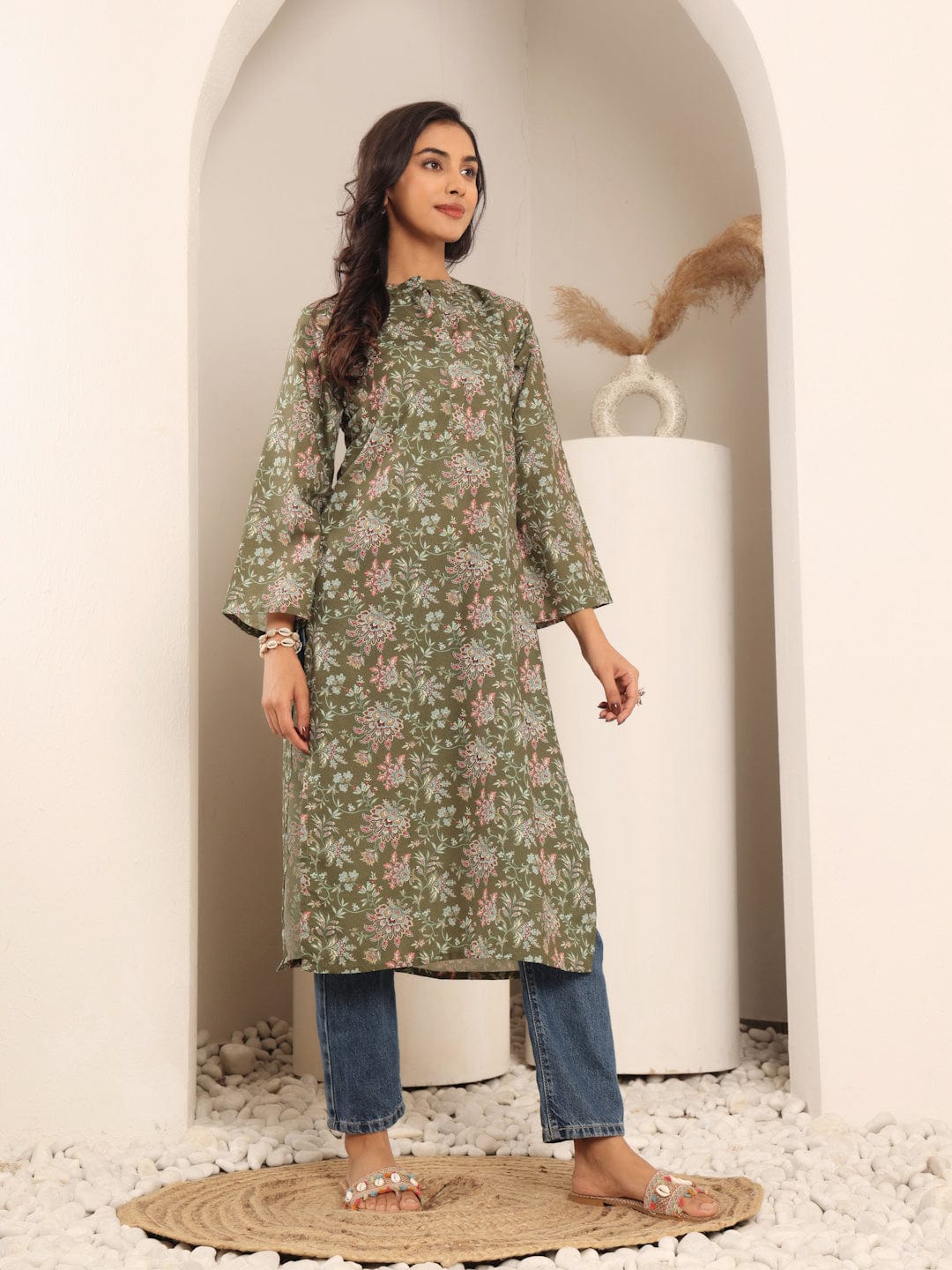 The Kurti Collection Women Olive Floral Printed Mandarin Collar Kurta With Long Flared Sleeves And Side Slits
