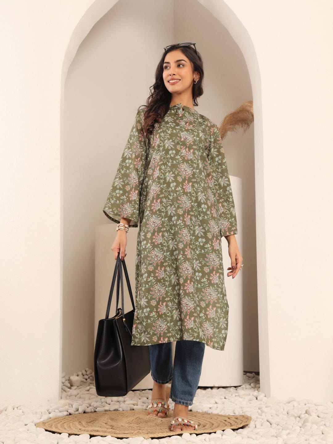 The Kurti Collection Women Olive Floral Printed Mandarin Collar Kurta With Long Flared Sleeves And Side Slits