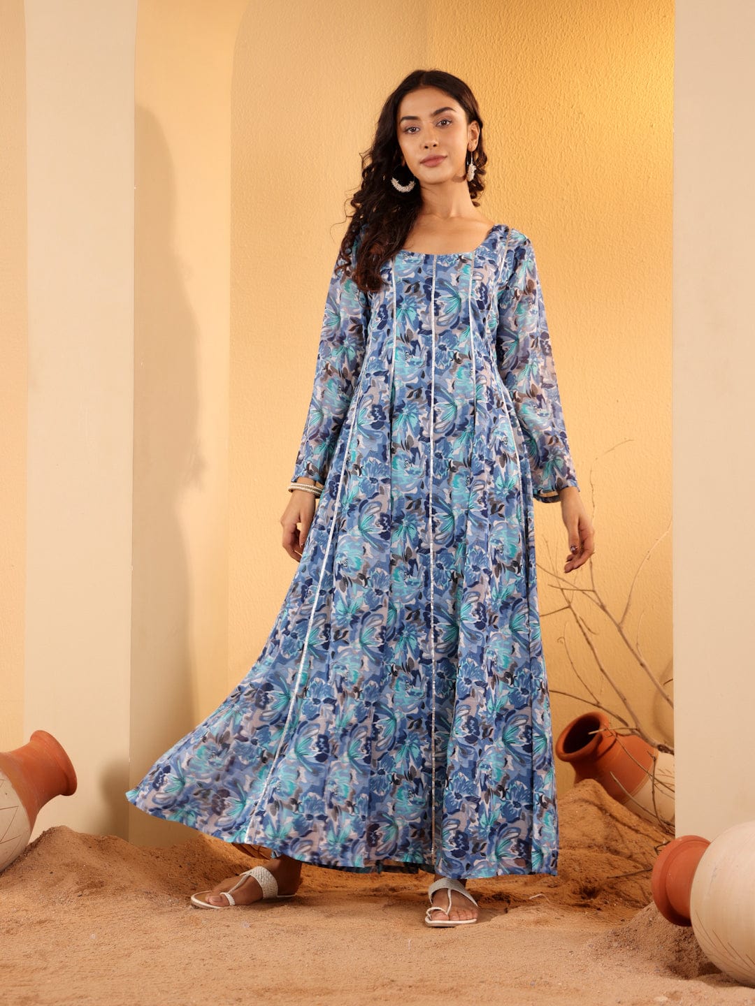 The Kurti Collection Women Blue Floral Printed Anarkali Kurta Paired With Dupatta