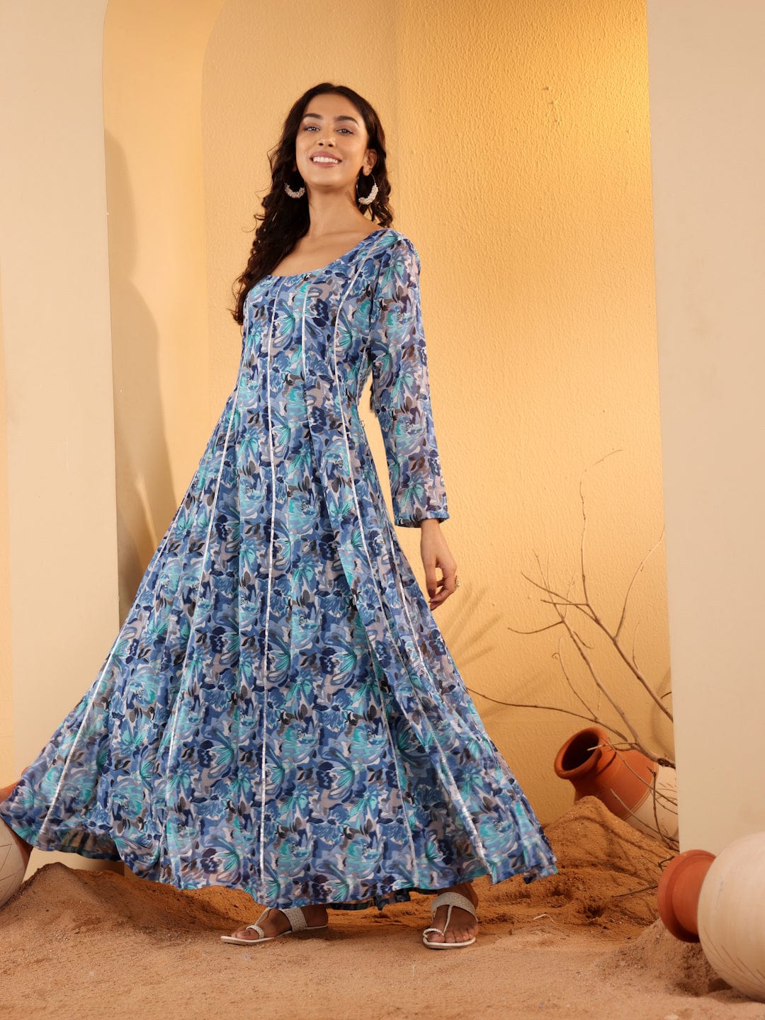The Kurti Collection Women Blue Floral Printed Anarkali Kurta Paired With Dupatta