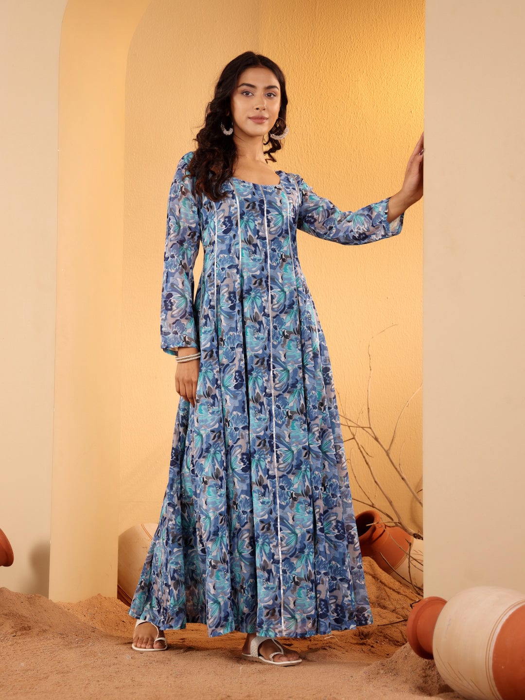 The Kurti Collection Women Blue Floral Printed Anarkali Kurta Paired With Dupatta