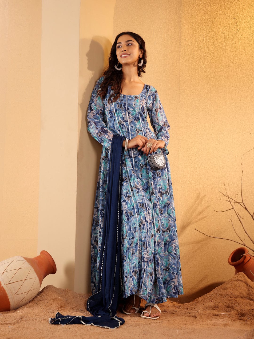 The Kurti Collection Women Blue Floral Printed Anarkali Kurta Paired With Dupatta