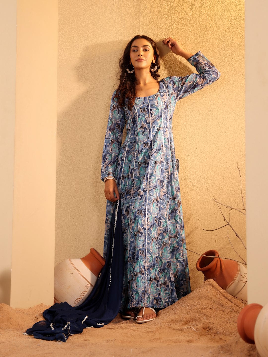 The Kurti Collection Women Blue Floral Printed Anarkali Kurta Paired With Dupatta