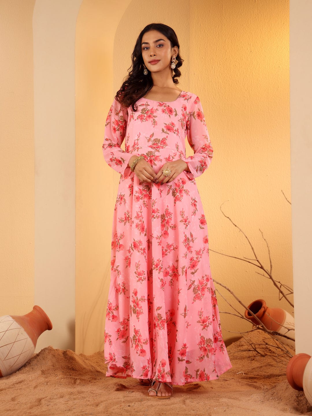 The Kurti Collection Women Pink Floral Printed Anarkali Kurta Paired With Solid Dupatta