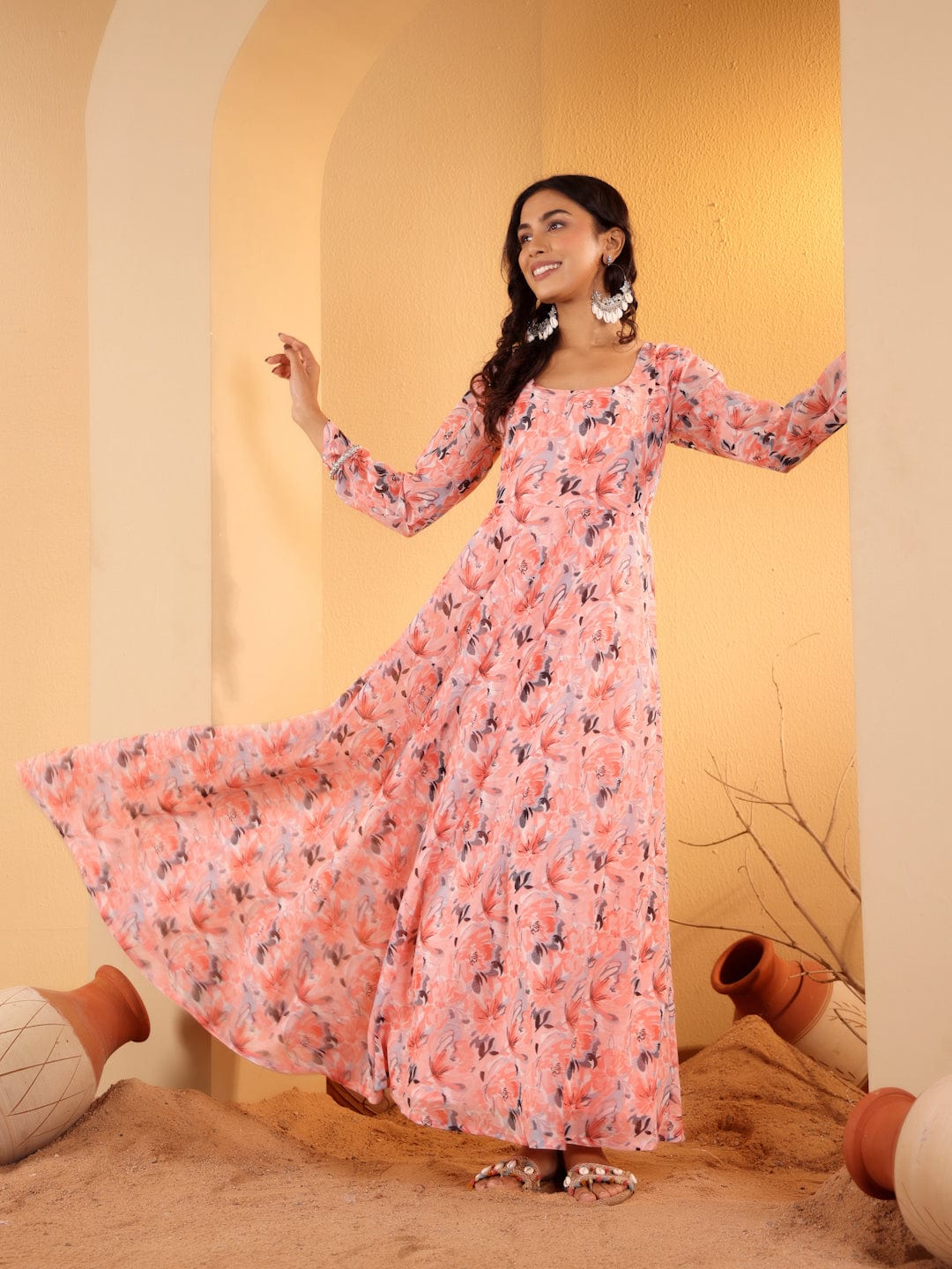 The Kurti Collection Women Peach Floral Printed Anarkali Kurta Paired With Tonal Chiffon Solid Dupatta With Four Side Traingular Gota Lace