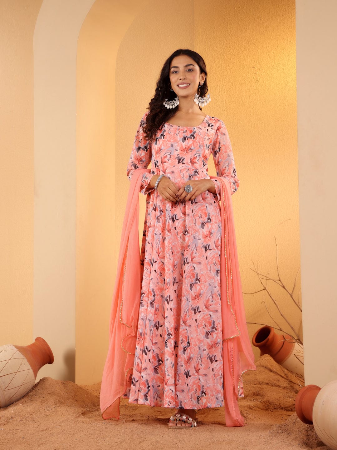 The Kurti Collection Women Peach Floral Printed Anarkali Kurta Paired With Tonal Chiffon Solid Dupatta With Four Side Traingular Gota Lace