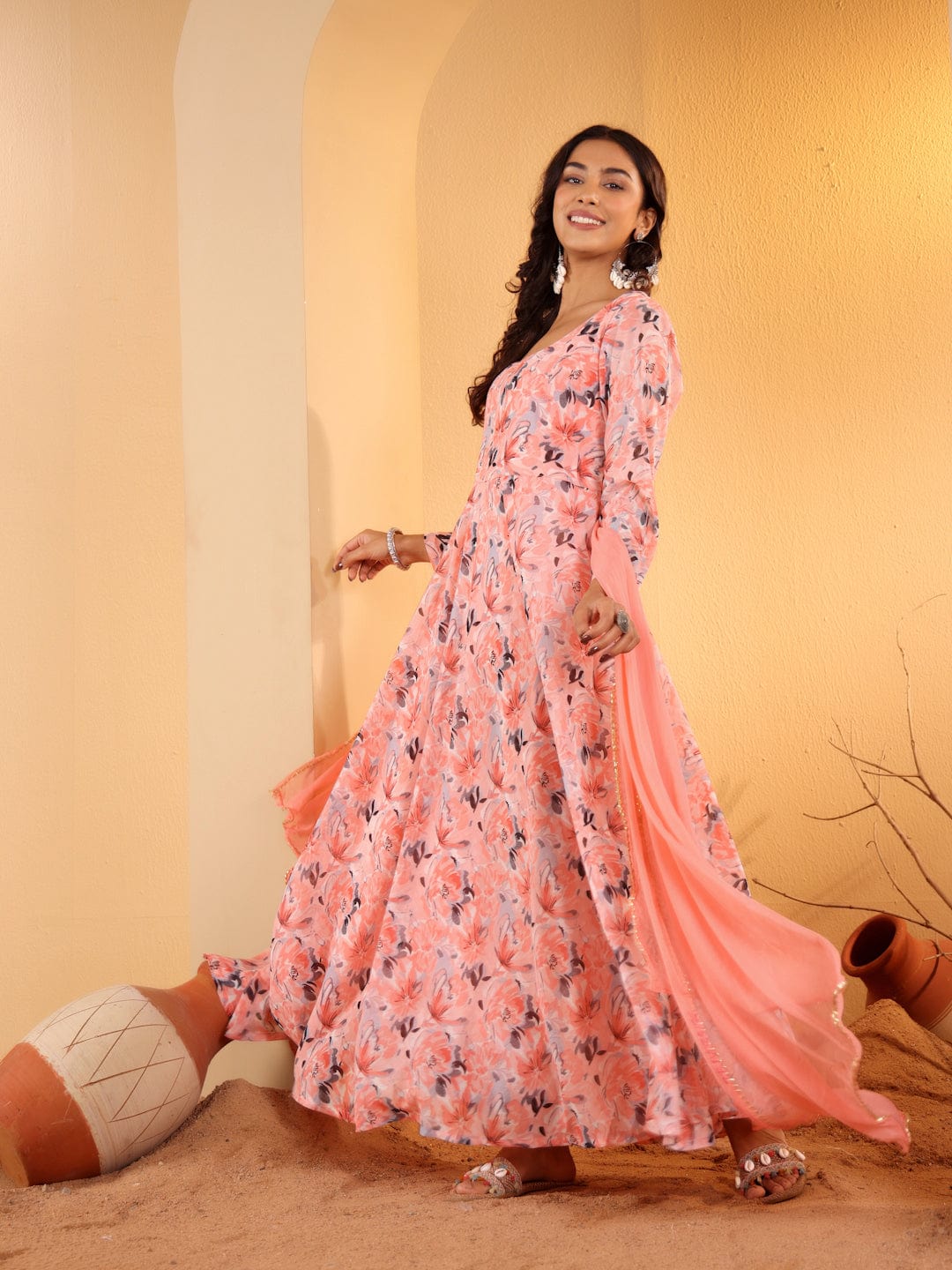 The Kurti Collection Women Peach Floral Printed Anarkali Kurta Paired With Tonal Chiffon Solid Dupatta With Four Side Traingular Gota Lace