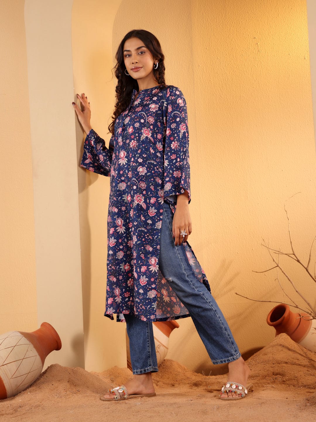 The Kurti Collection Women Blue Floral Printed Straight Kurta With Flared Sleeves