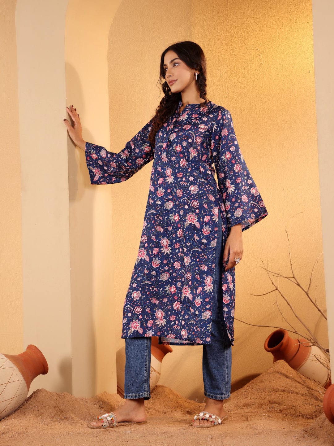The Kurti Collection Women Blue Floral Printed Straight Kurta With Flared Sleeves