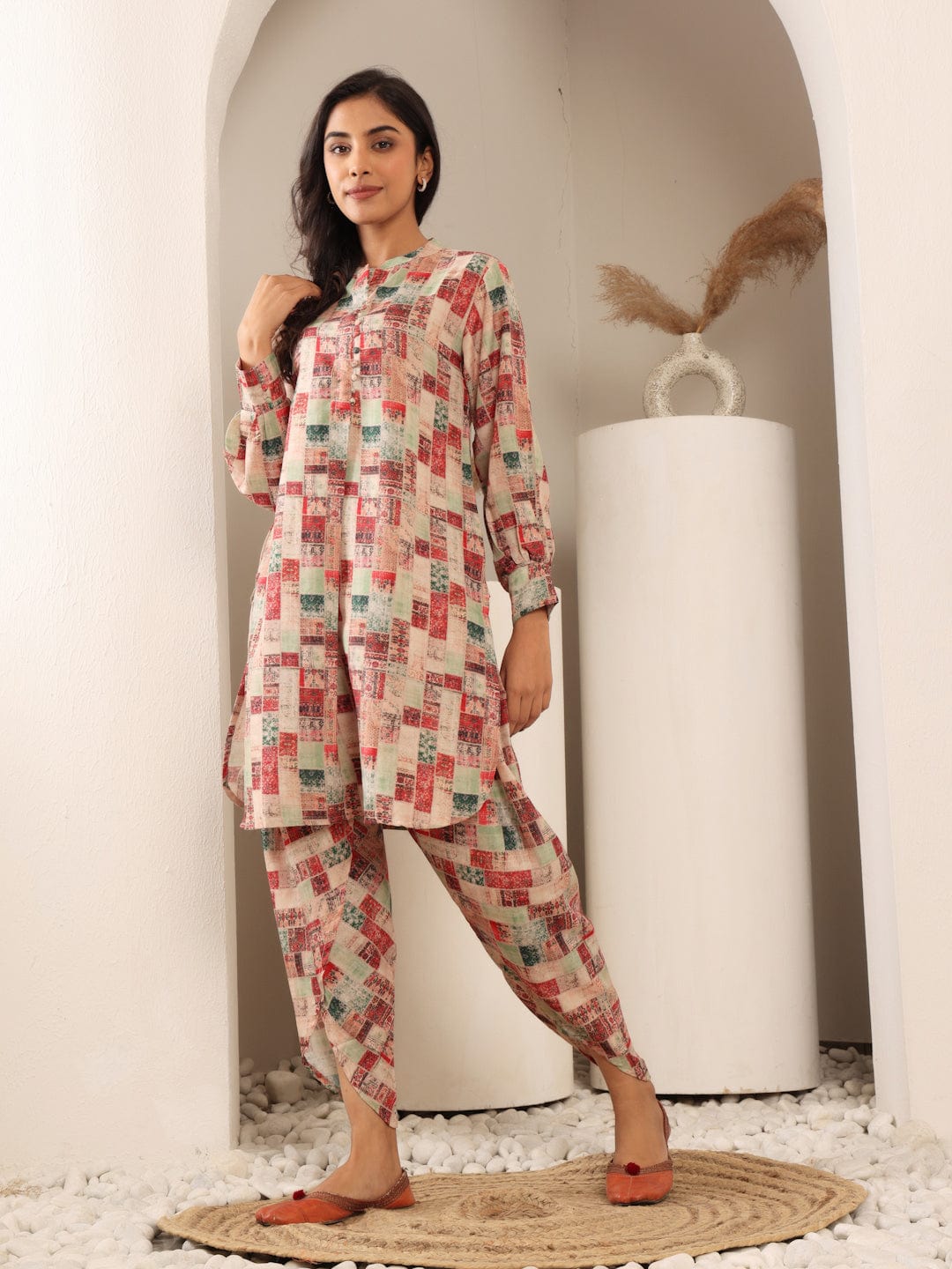The Kurti Collection Women Beige Geometrical Printed Apple Hem Kurta With Dhoti Trouser