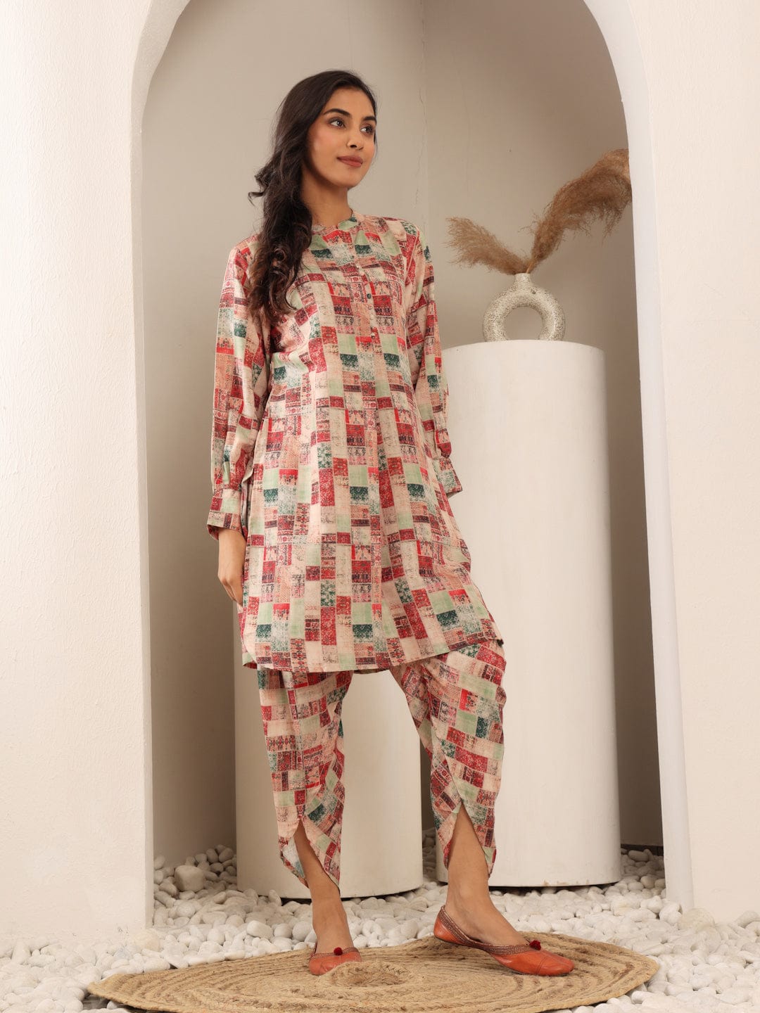 The Kurti Collection Women Beige Geometrical Printed Apple Hem Kurta With Dhoti Trouser