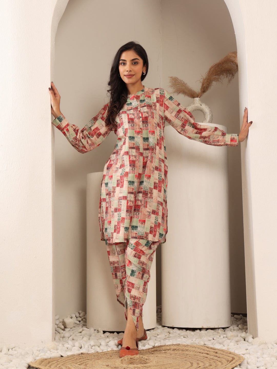 The Kurti Collection Women Beige Geometrical Printed Apple Hem Kurta With Dhoti Trouser
