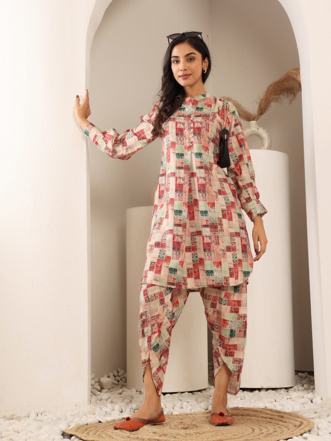The Kurti Collection Women Beige Geometrical Printed Apple Hem Kurta With Dhoti Trouser