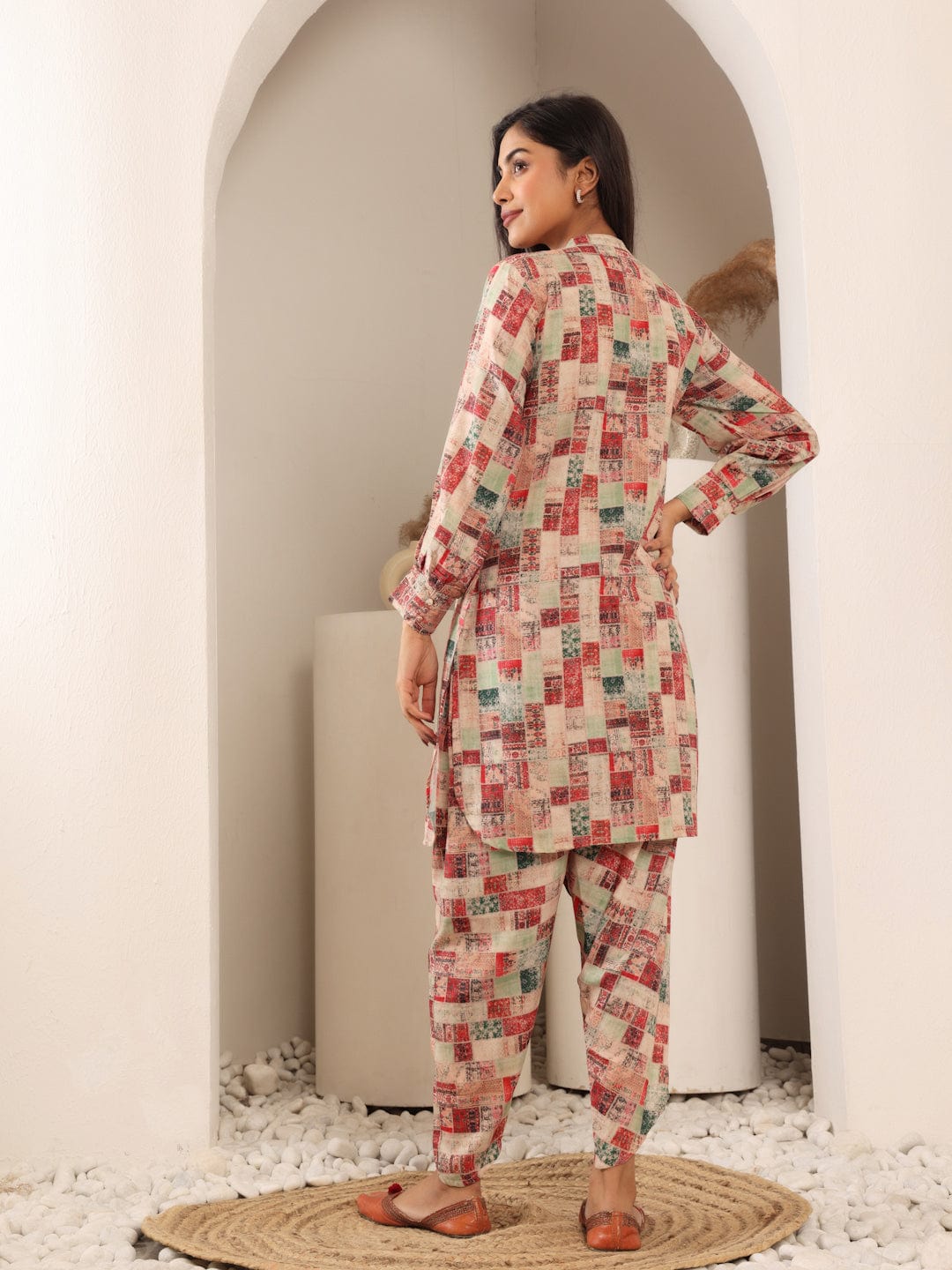 The Kurti Collection Women Beige Geometrical Printed Apple Hem Kurta With Dhoti Trouser