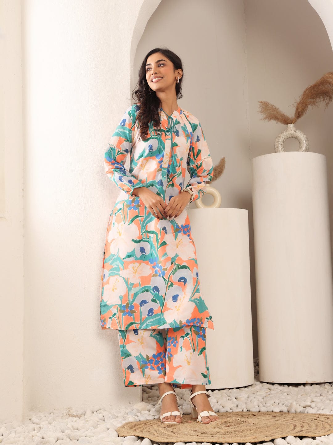 The Kurti Collection Women Orange Floral Printed Mandarin Collar With Gathered Details, Bishop Sleeves Straight Tunic Paired With Printed Bottom
