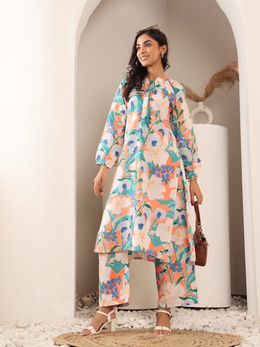 The Kurti Collection Women Orange Floral Printed Mandarin Collar With Gathered Details, Bishop Sleeves Straight Tunic Paired With Printed Bottom