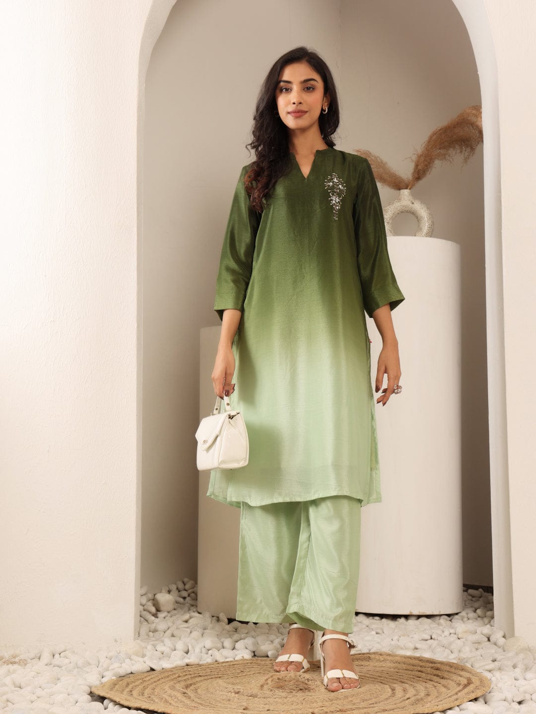 The Kurti Collection Women Mandarin Collar Placement Embroidered Kurta Paired With Tonal Bottom