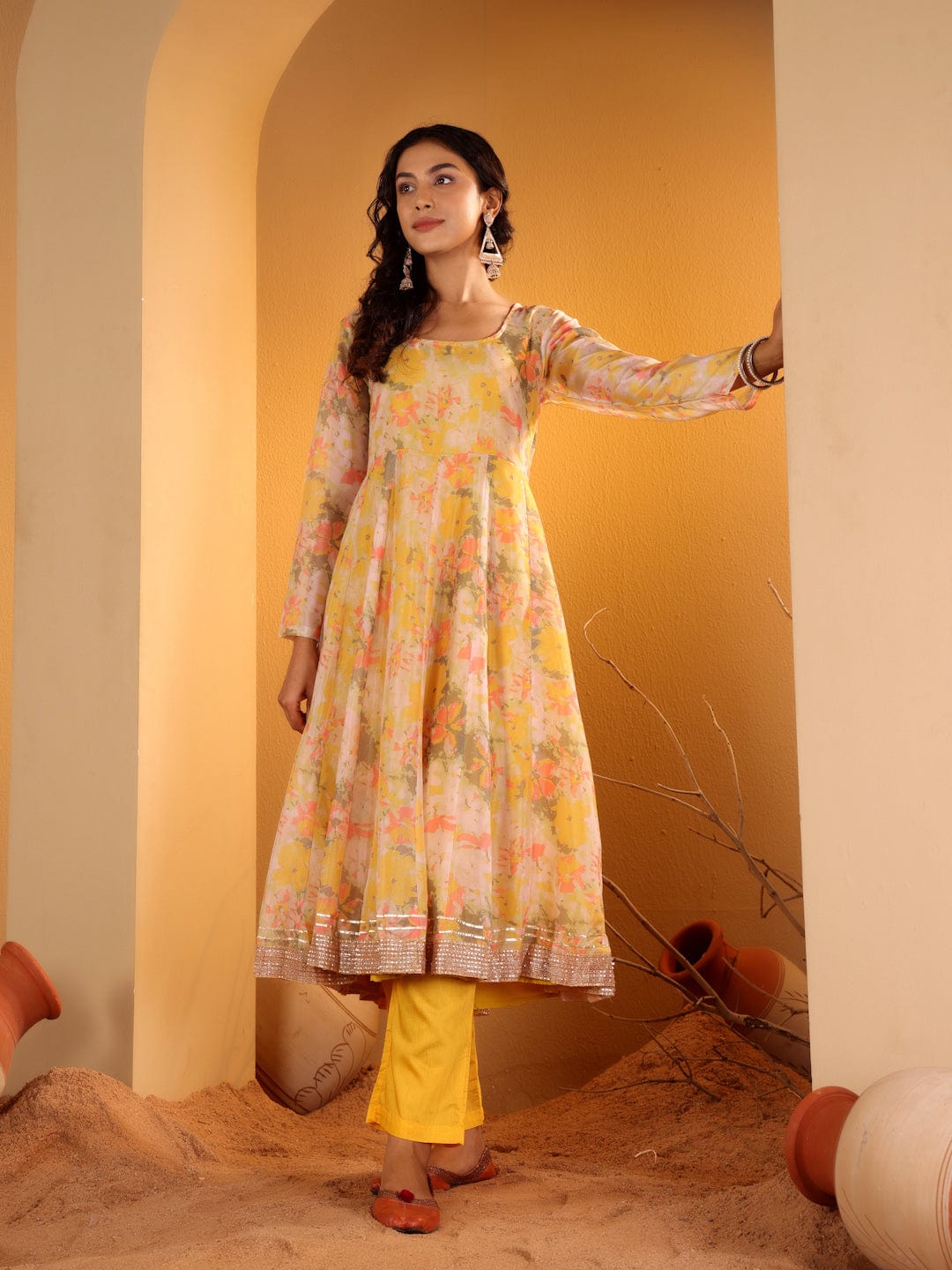 The Kurti Collection Women Yellow Floral Printed Round Neck Anarkali Kurta Paired With Tonal Bottom And Contrast Dupatta With Triangular Lace