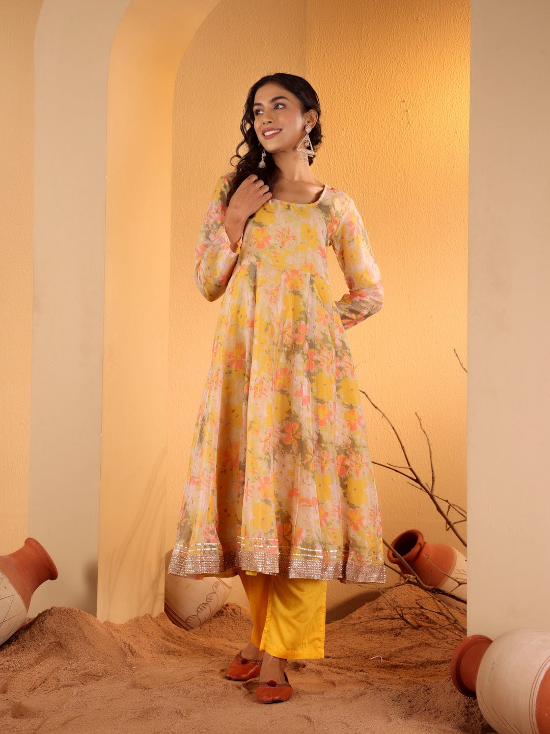 The Kurti Collection Women Yellow Floral Printed Round Neck Anarkali Kurta Paired With Tonal Bottom And Contrast Dupatta With Triangular Lace