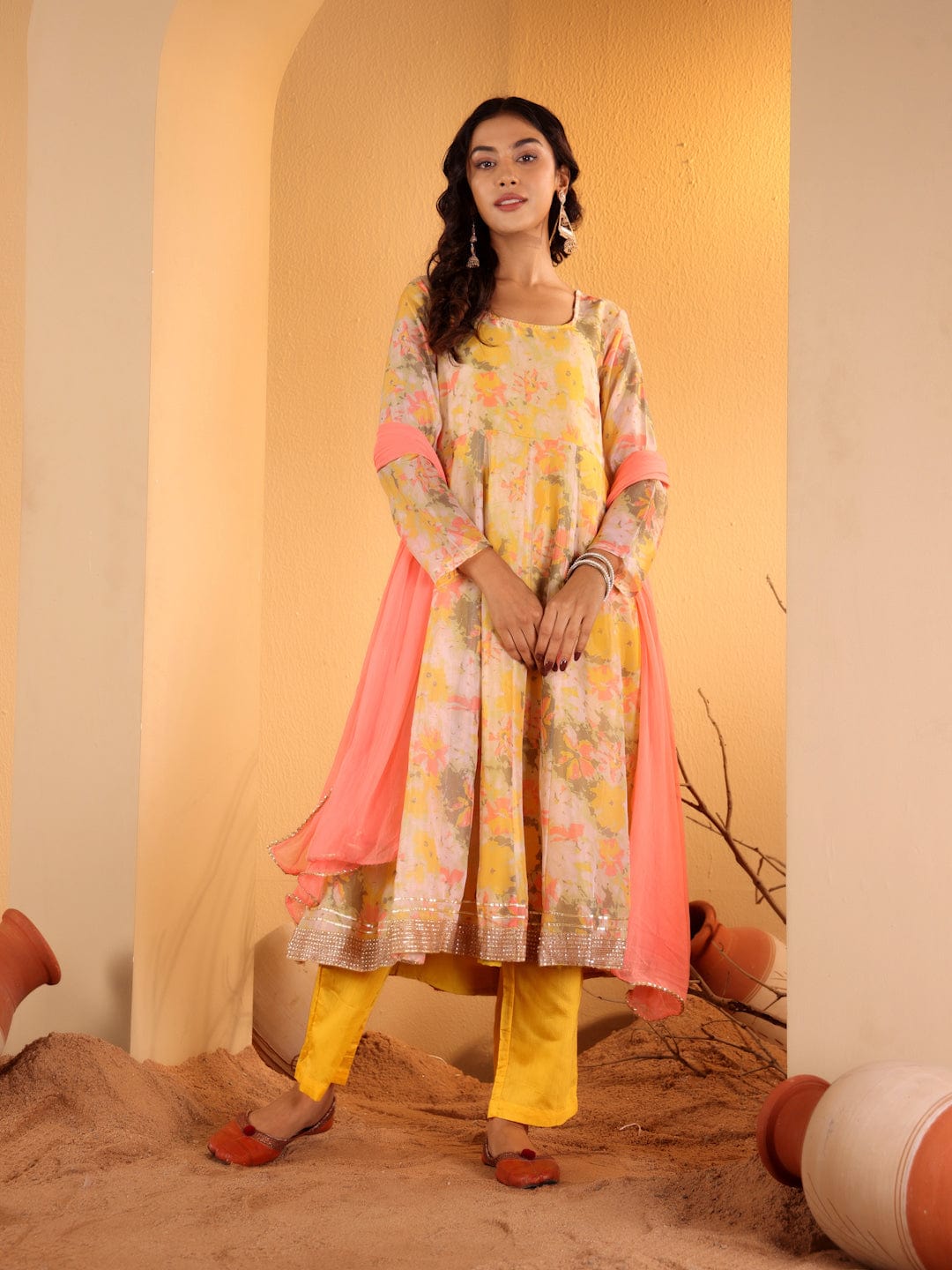 The Kurti Collection Women Yellow Floral Printed Round Neck Anarkali Kurta Paired With Tonal Bottom And Contrast Dupatta With Triangular Lace