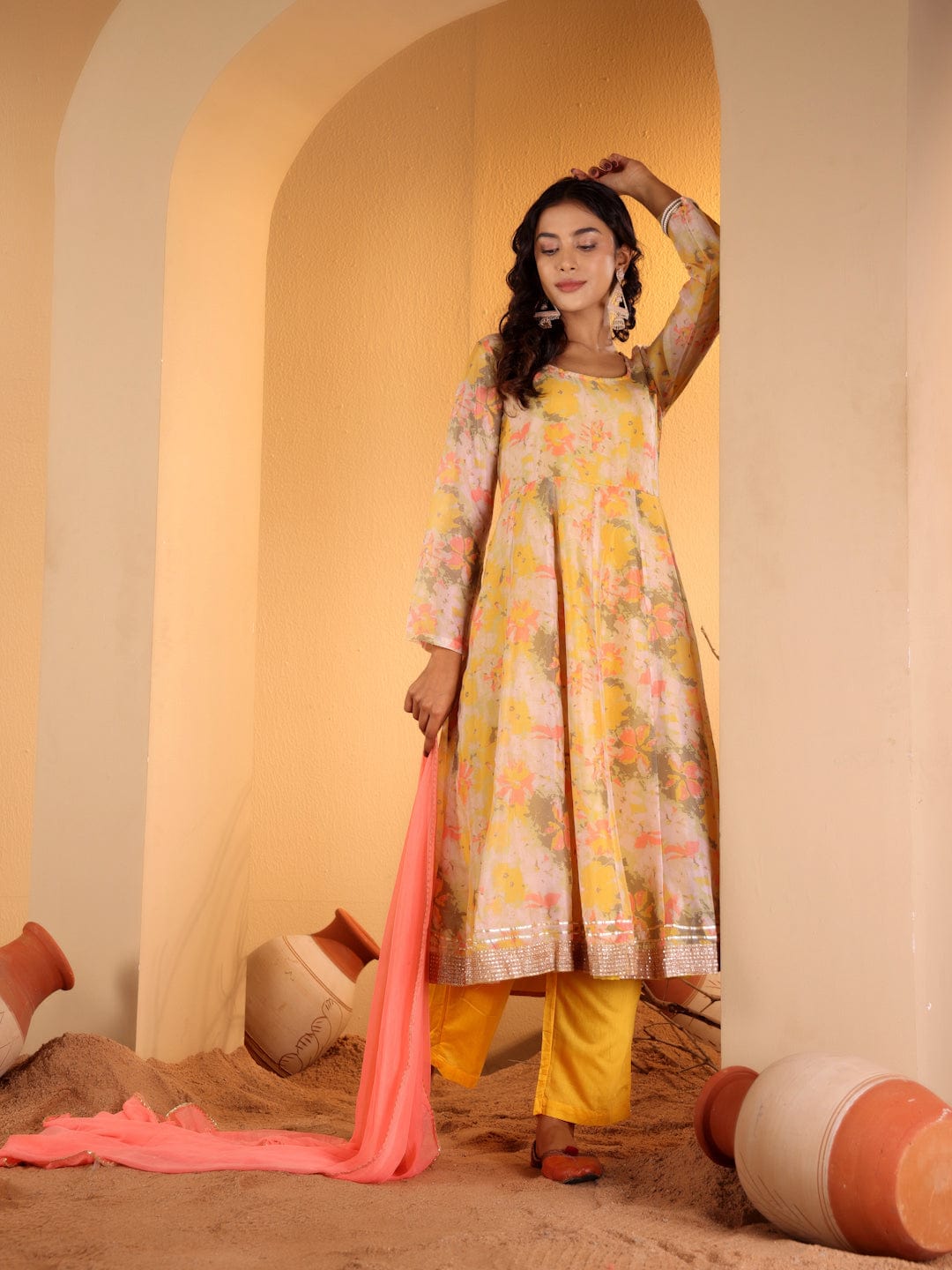 The Kurti Collection Women Yellow Floral Printed Round Neck Anarkali Kurta Paired With Tonal Bottom And Contrast Dupatta With Triangular Lace