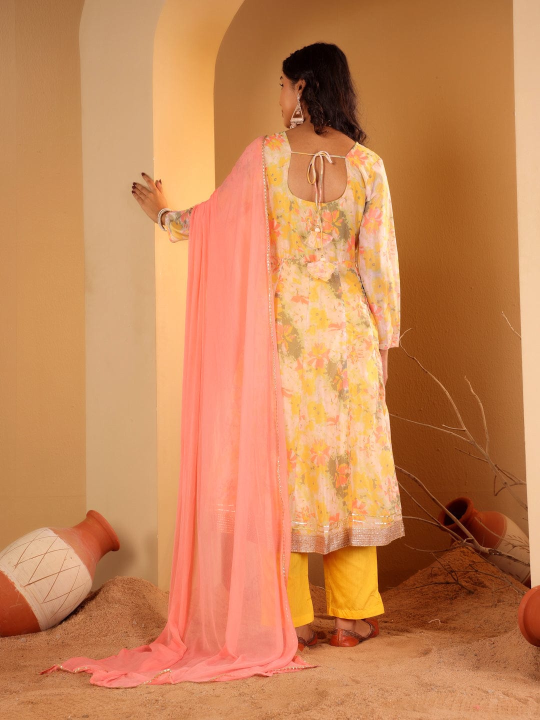 The Kurti Collection Women Yellow Floral Printed Round Neck Anarkali Kurta Paired With Tonal Bottom And Contrast Dupatta With Triangular Lace